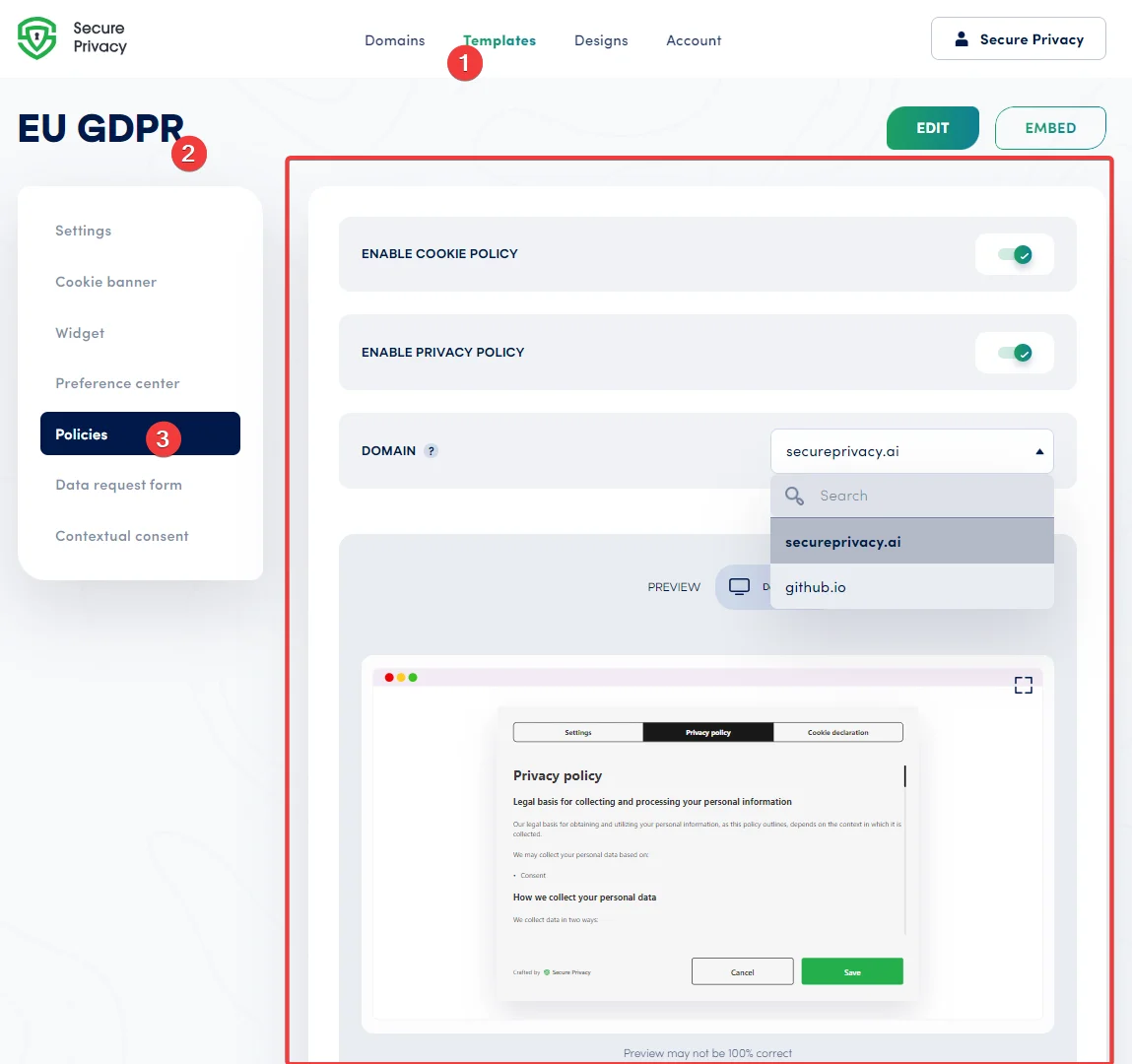 Secure Privacy dashboard showing the Templates menu with the Policies section open, displaying toggle switches for enabling cookie policy and privacy policy
