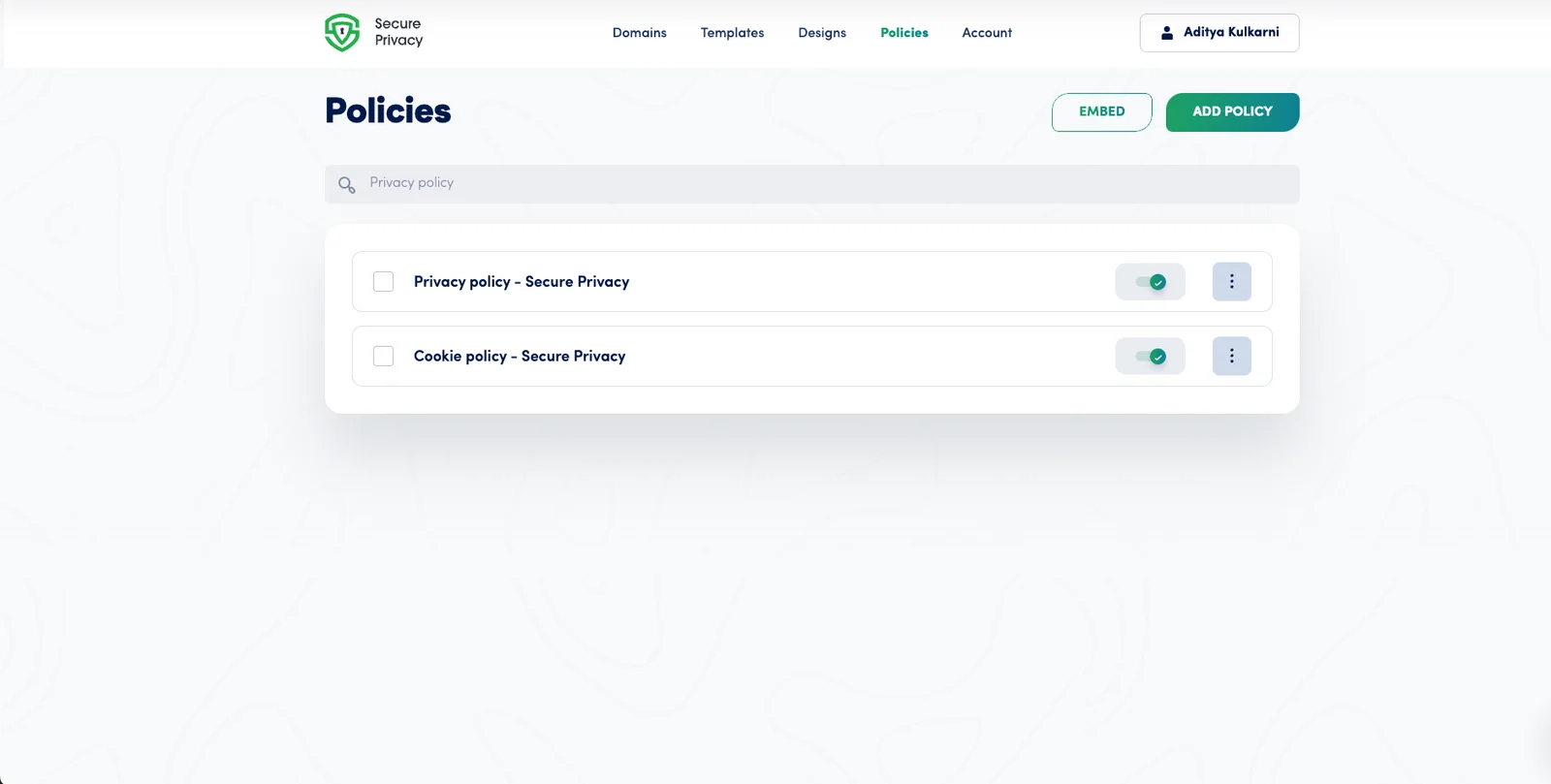 Secure Privacy Policies dashboard showing the list of policies with enable toggles and menu icons for editing policy settings