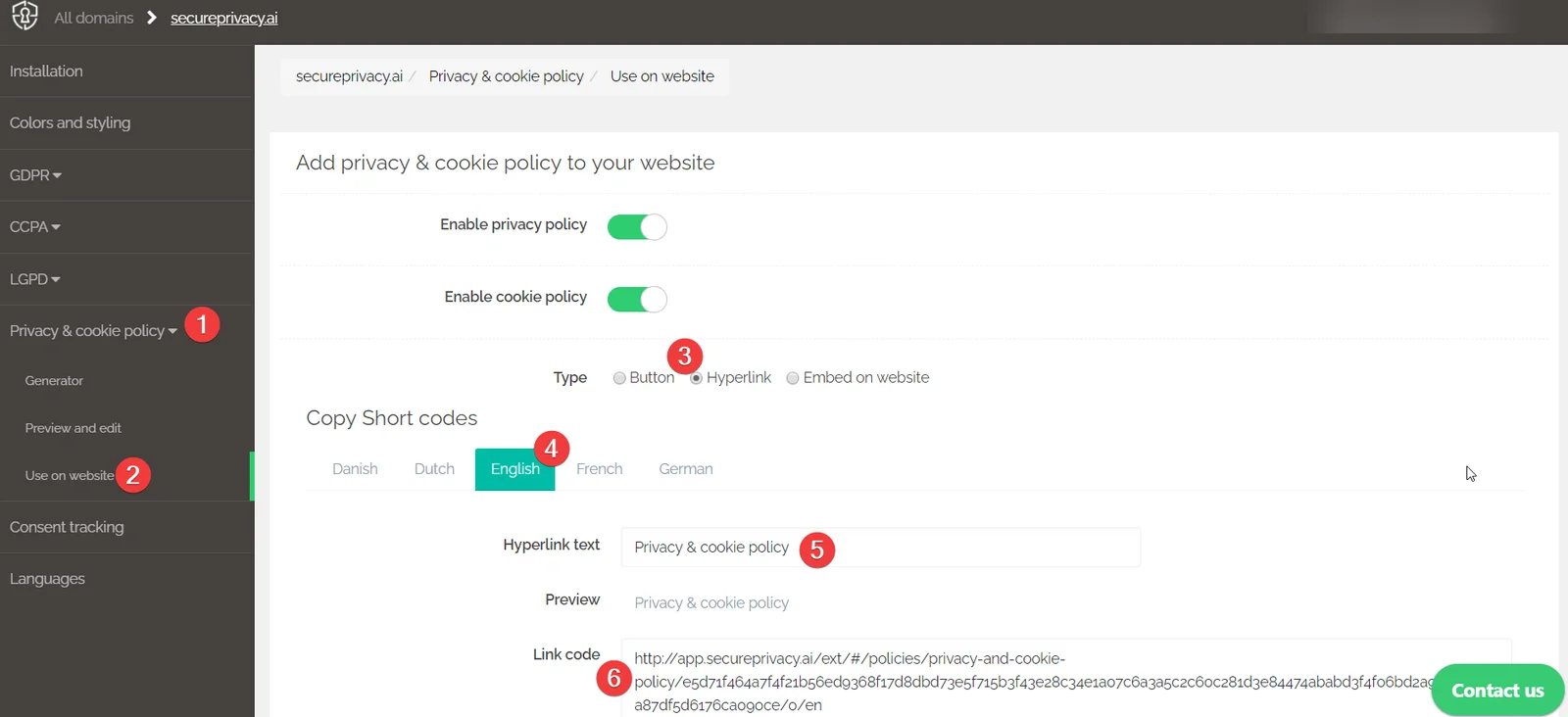 Secure Privacy embed options showing Hyperlink type selected with language, hyperlink text, preview, and link code fields