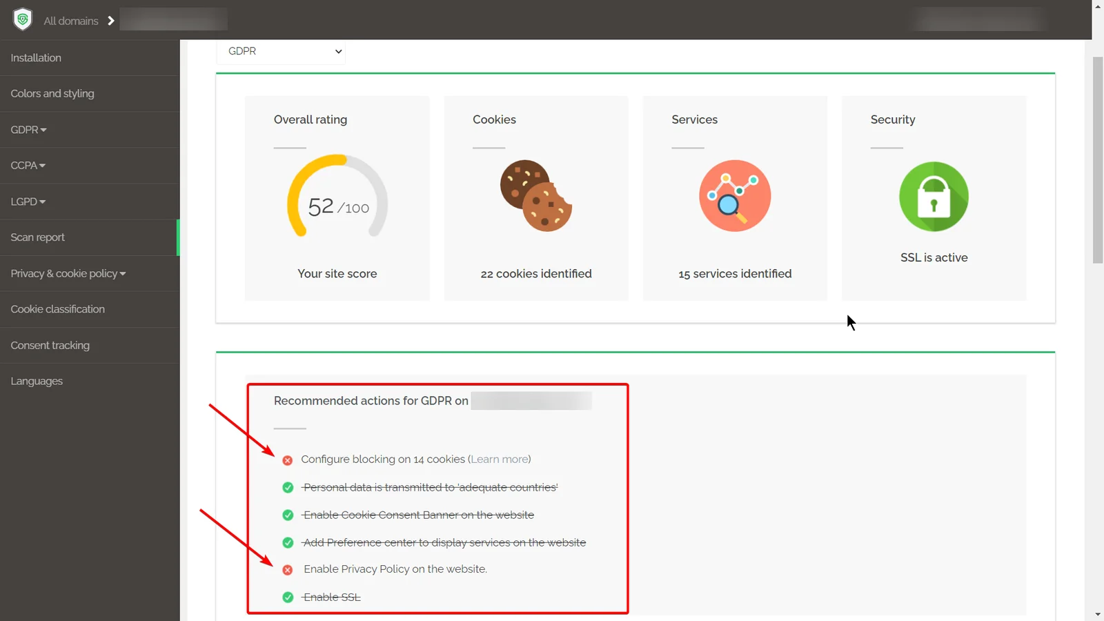 Secure Privacy Report tab showing Recommended actions for GDPR with red X indicators highlighting priority compliance gaps