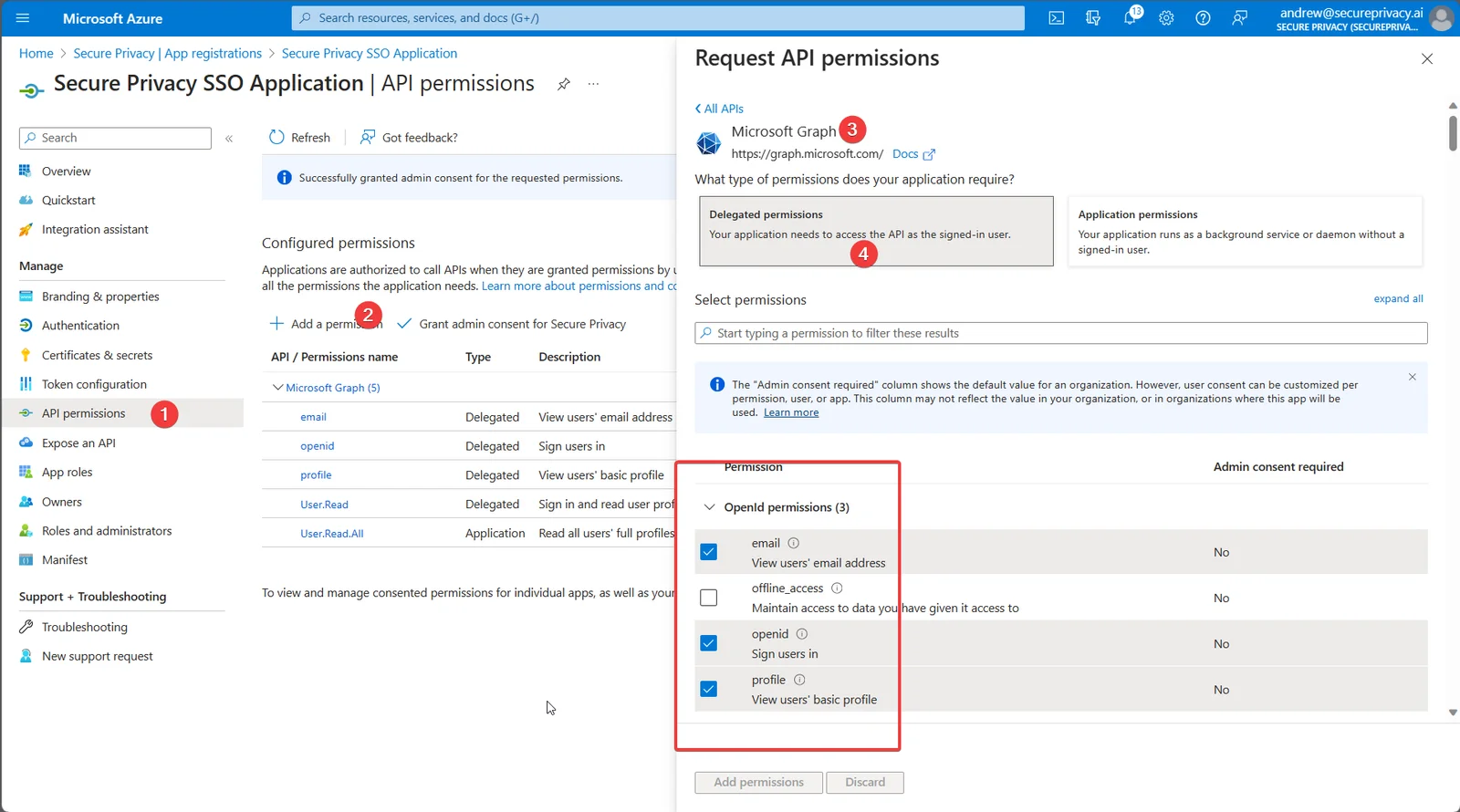 Azure API permissions page showing the required Microsoft Graph API delegated and application permissions for Secure Privacy SSO