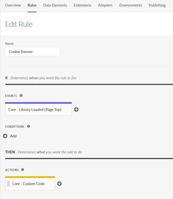 Adobe Launch HTML code editor showing the Secure Privacy installation script and cookie banner script added to the action configuration